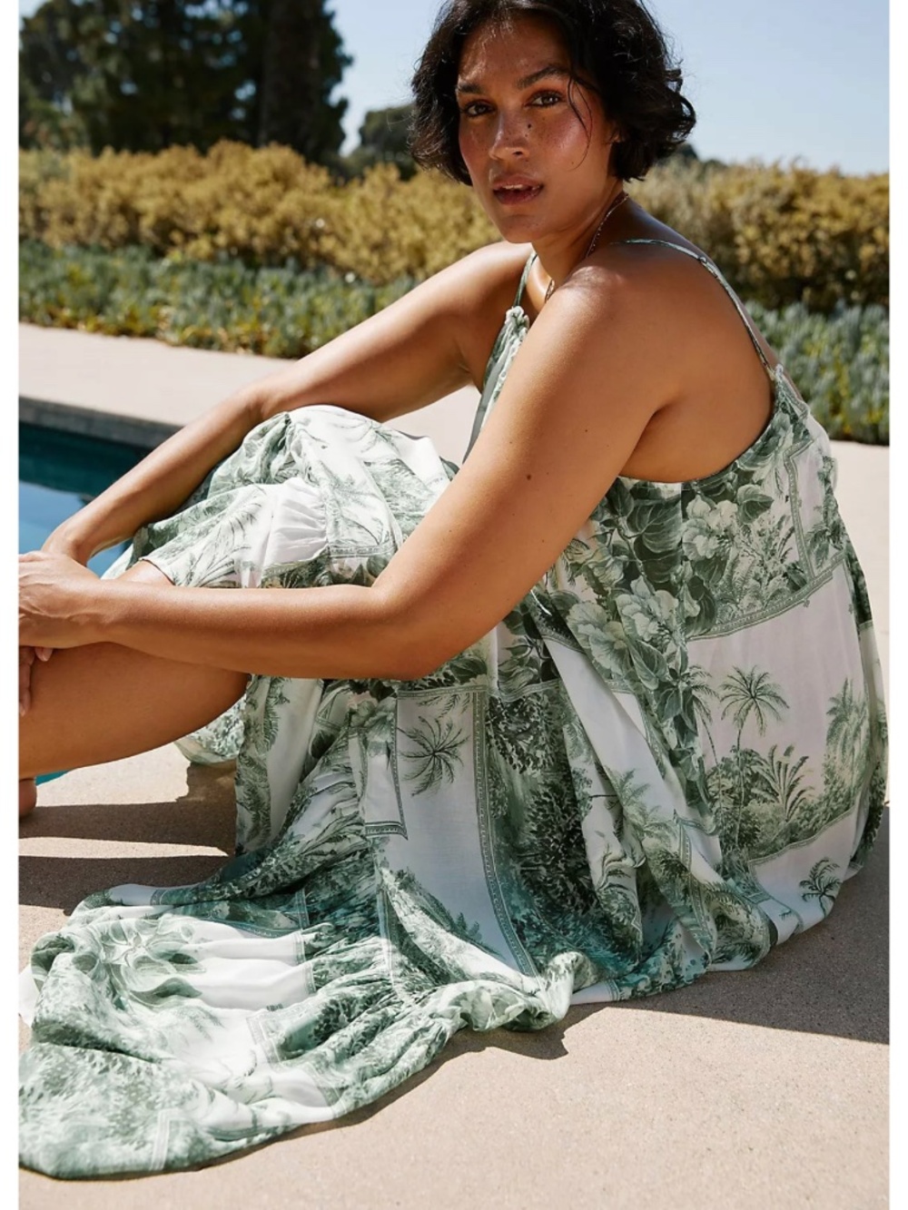 Anthropologie White and Green Botanical Print Halter Maxi Dress Medium